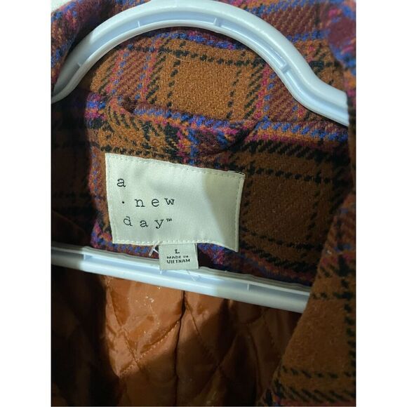 NWOT A New Day Women’s Large Brown Plaid Wool Blend Overcoat Jacket - Picture 4 of 5